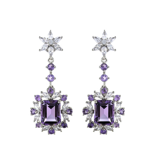 Unique Rhodium Plated Silver 925 Natural Amethyst Drop Earrings