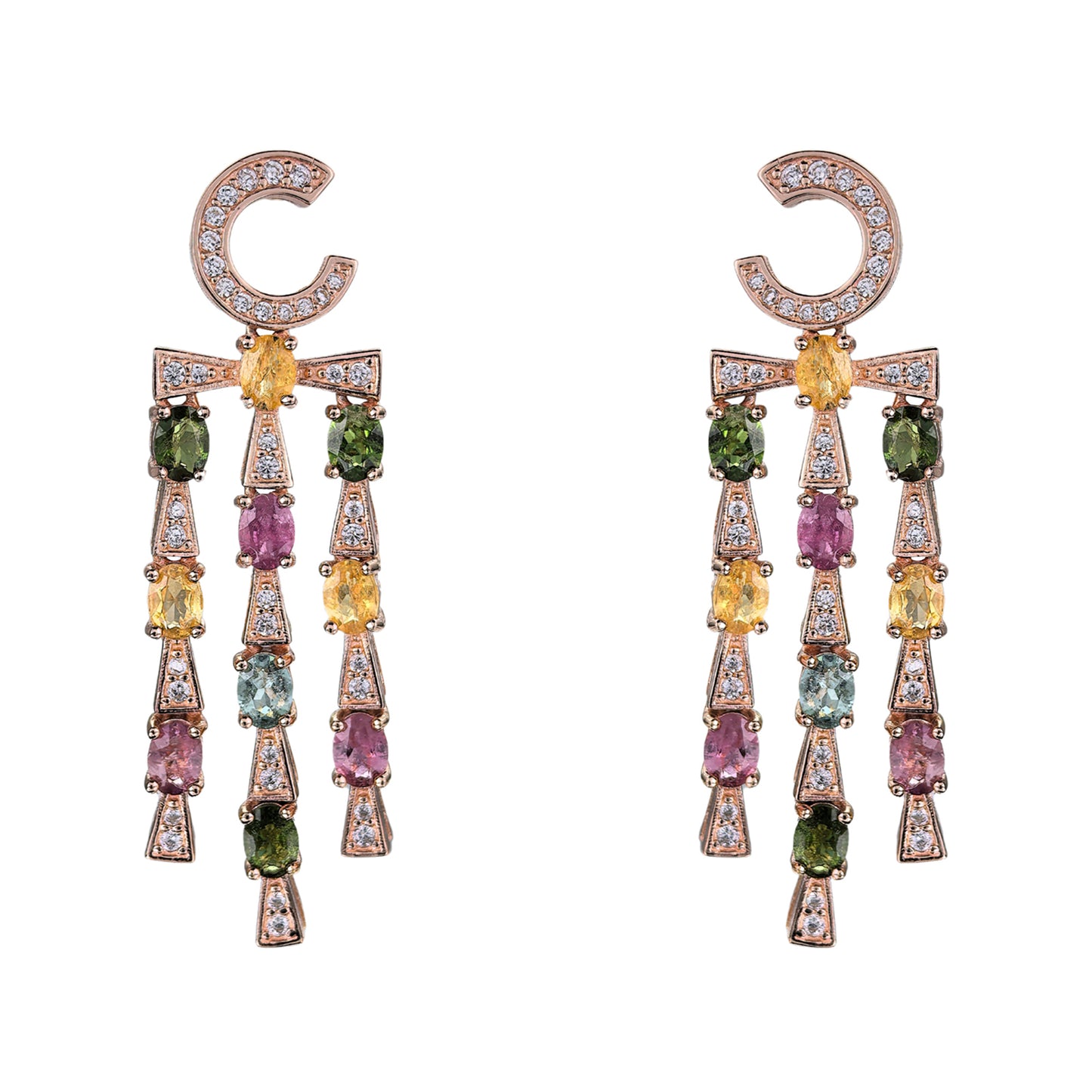 Unique C Shaped Rose Gold Plated 925 Sterling Silver Natural Tourmaline Drop Earrings
