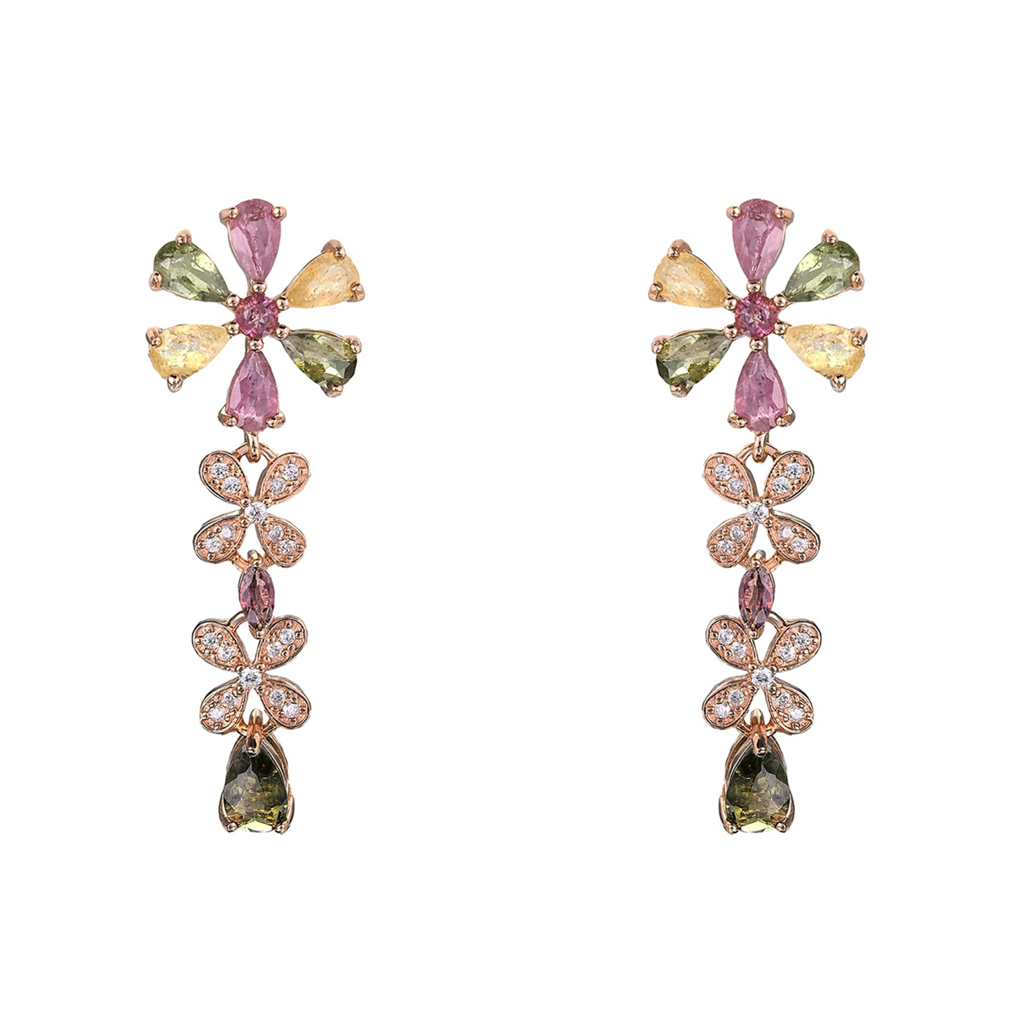 Charming Rose Gold Plated S925 Silver Natural Tourmaline Flower Drop Earrings