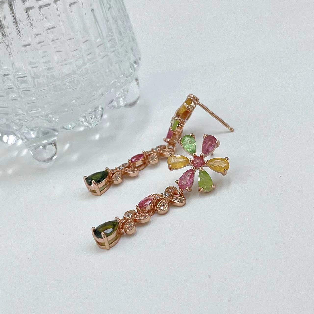 Charming Rose Gold Plated S925 Silver Natural Tourmaline Flower Drop Earrings