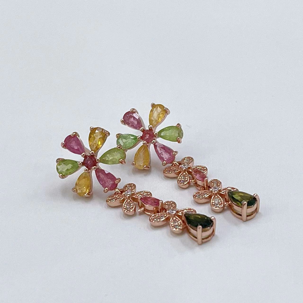Charming Rose Gold Plated S925 Silver Natural Tourmaline Flower Drop Earrings