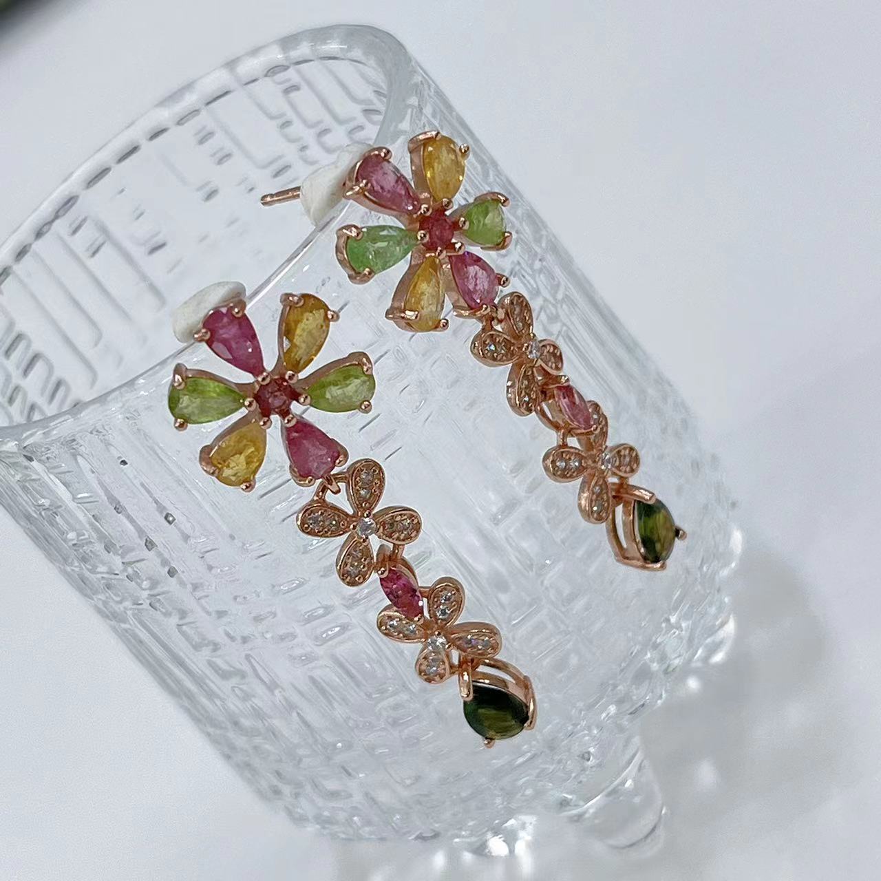 Charming Rose Gold Plated S925 Silver Natural Tourmaline Flower Drop Earrings