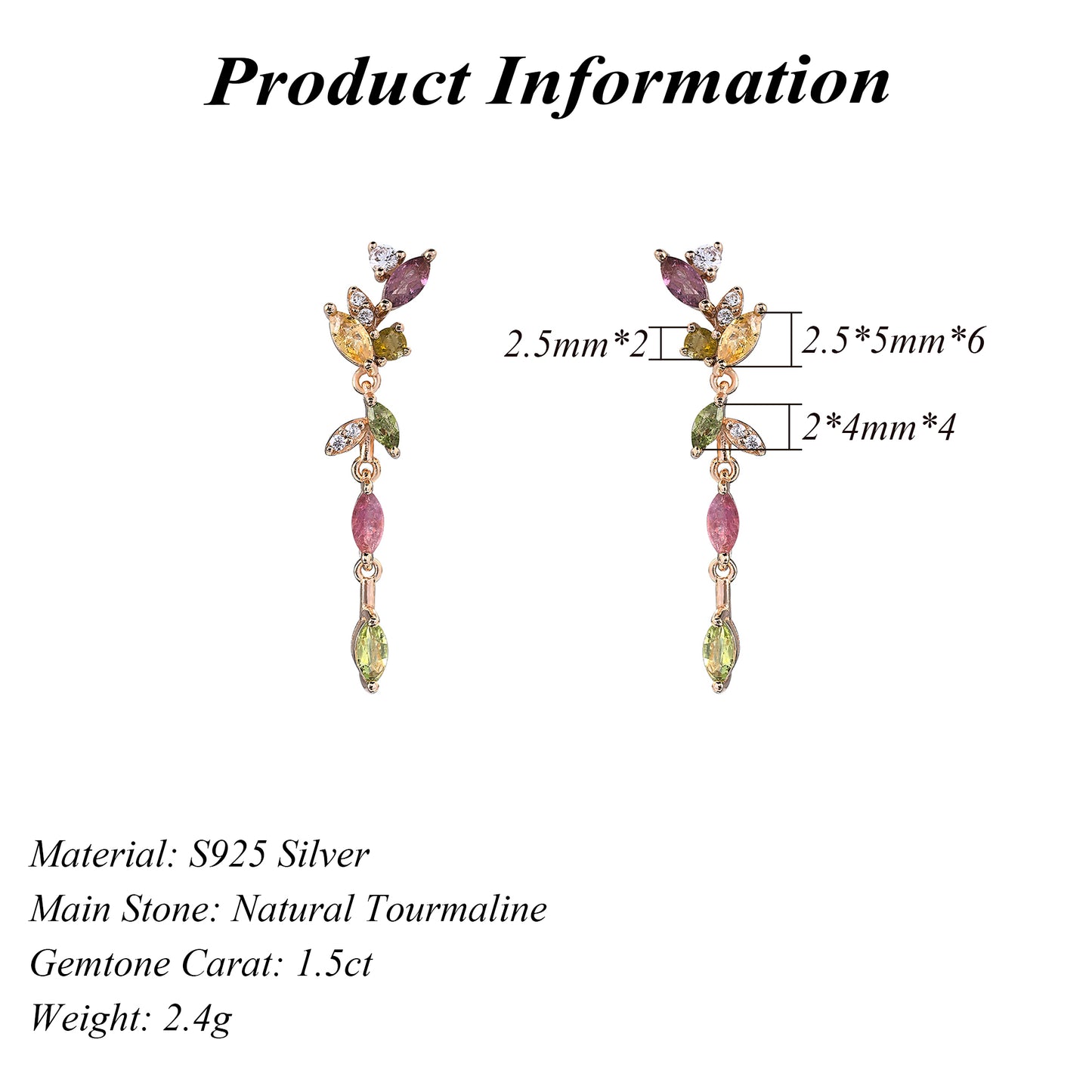 Delicate Rose Gold Plated Silver 925 Natural Tourmaline Leaf Drop Earrings