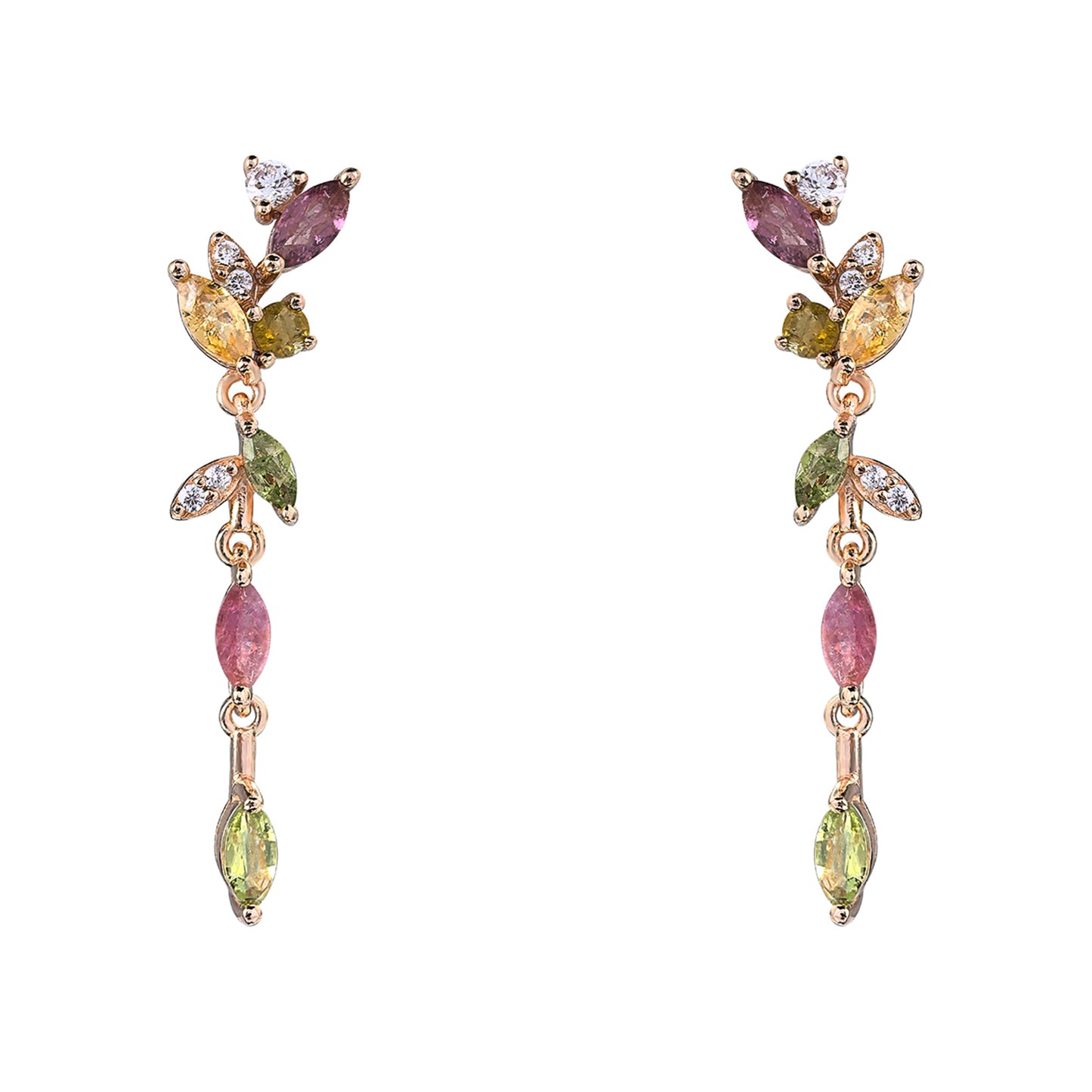 Delicate Rose Gold Plated Silver 925 Natural Tourmaline Leaf Drop Earrings
