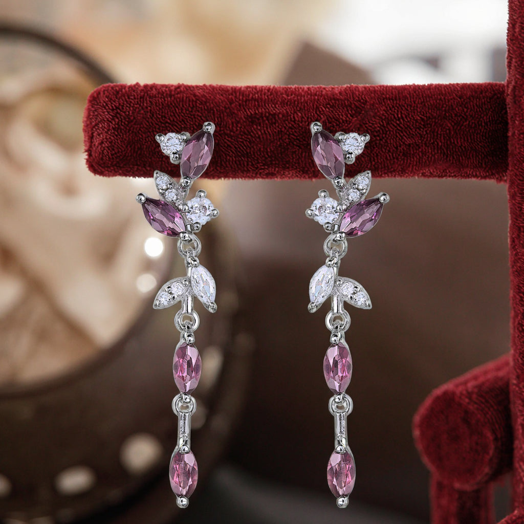 Elegant S925 Silver Rhodium Plated Natural Pyrope Leaf Drop Earrings