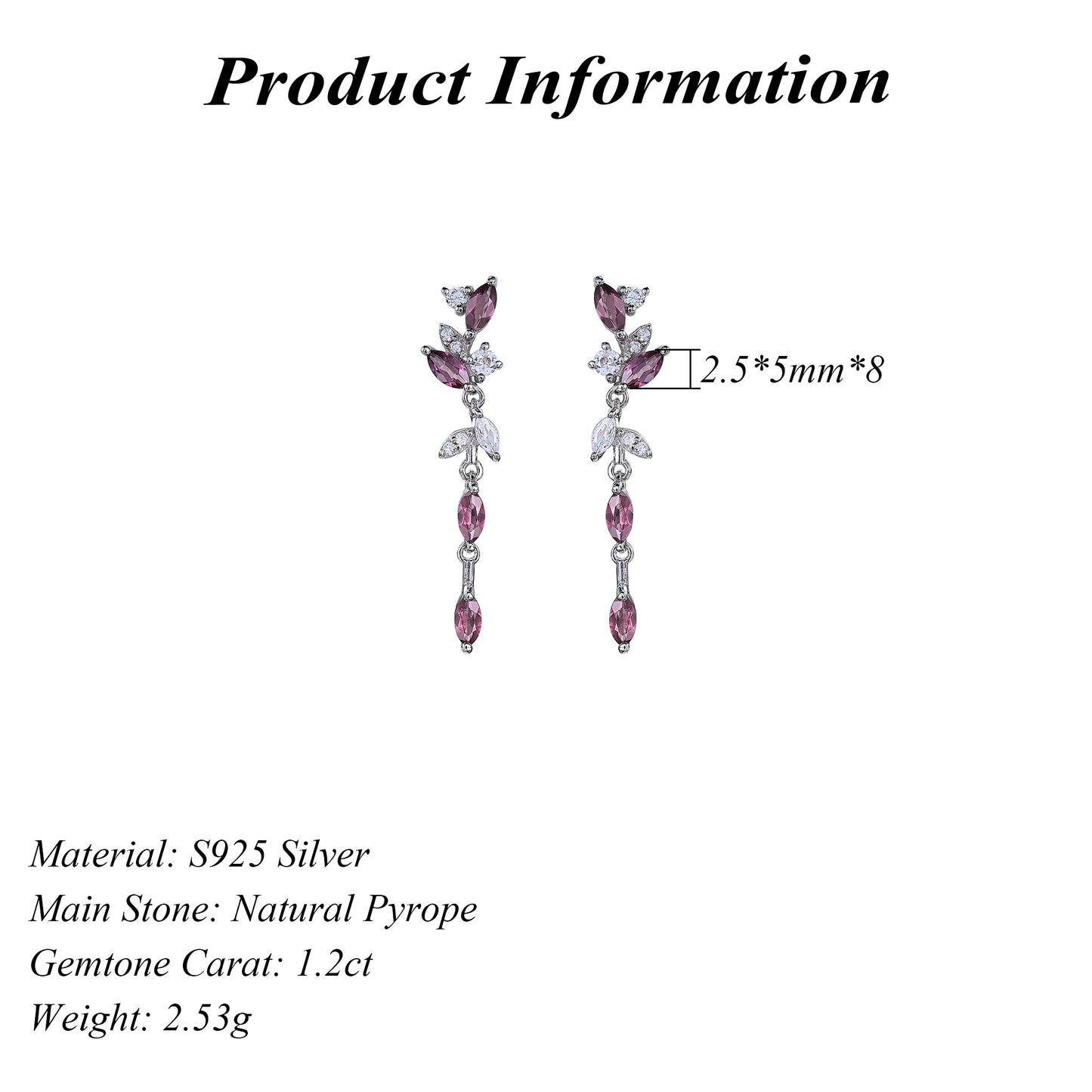 Elegant S925 Silver Rhodium Plated Natural Pyrope Leaf Drop Earrings