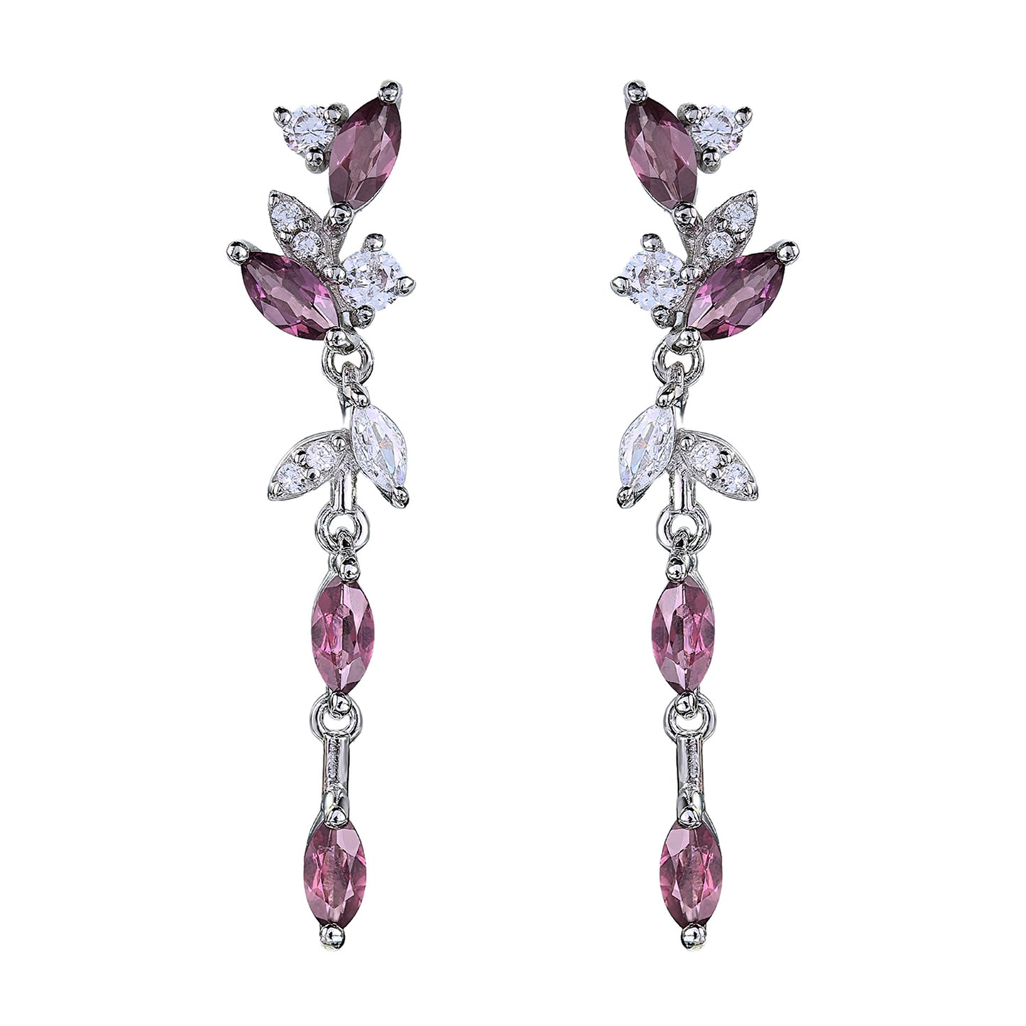 Elegant S925 Silver Rhodium Plated Natural Pyrope Leaf Drop Earrings