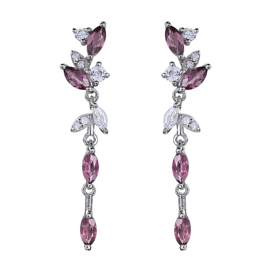 Elegant S925 Silver Rhodium Plated Natural Pyrope Leaf Drop Earrings