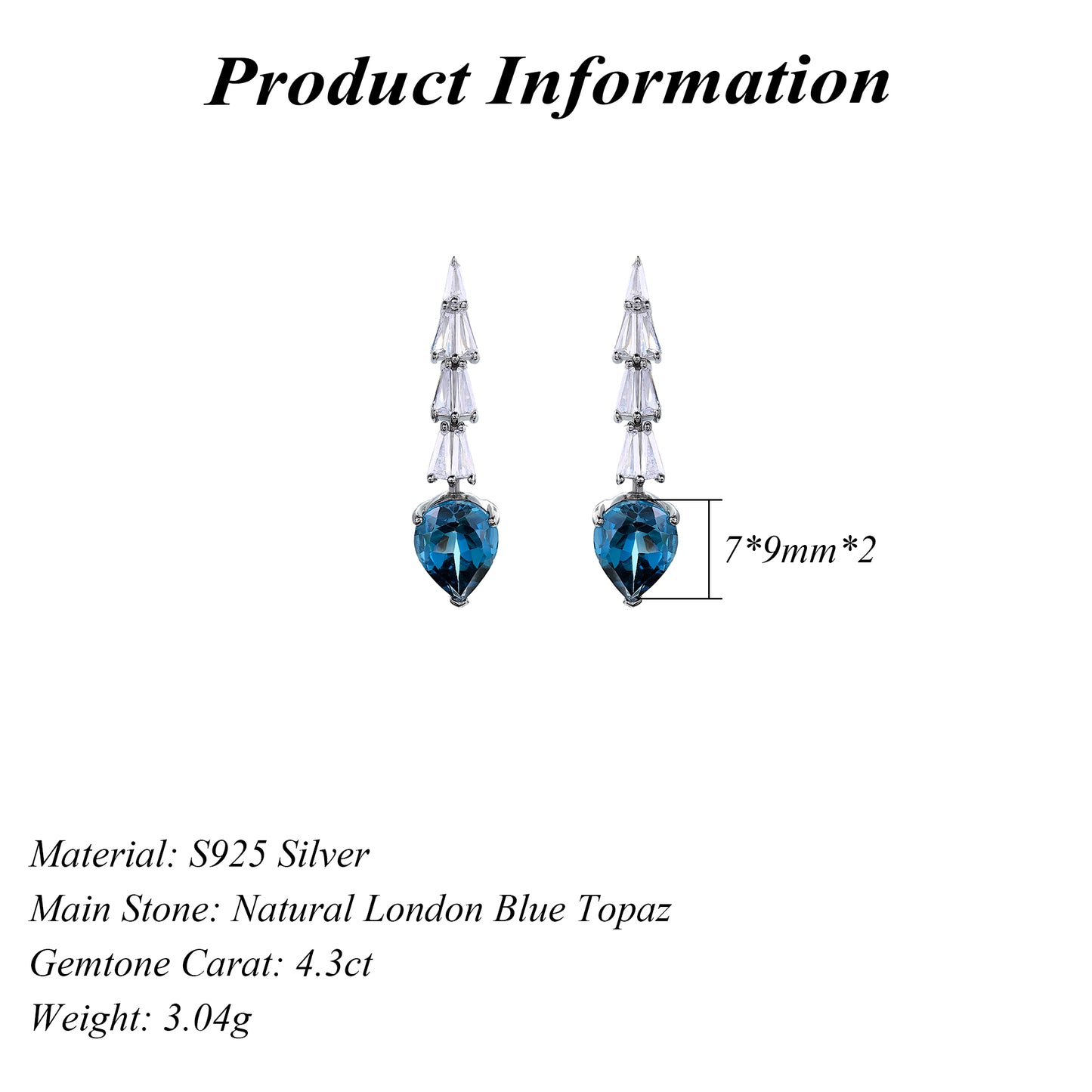 Dazzling Rhodium Plated S925 Silver Jewelry Natural London Blue Topaz Drop Earrings