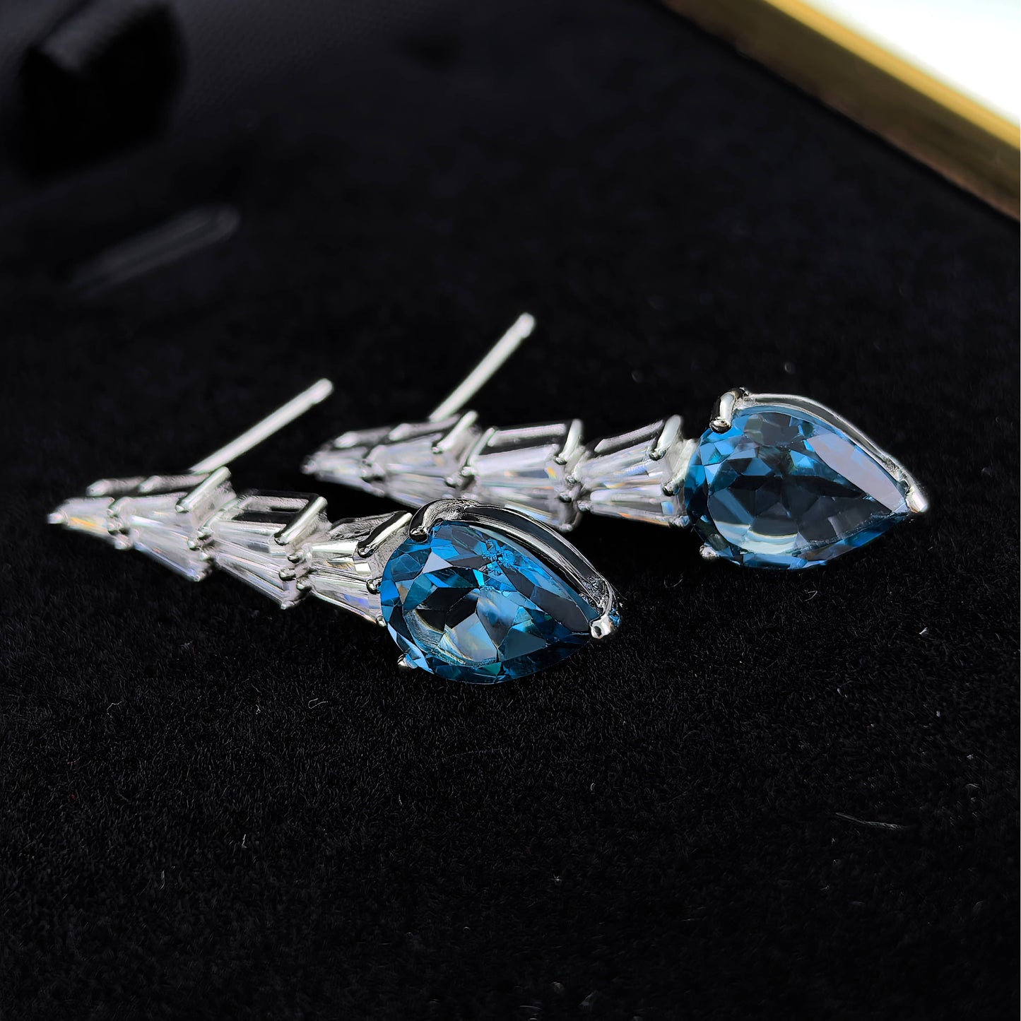 Dazzling Rhodium Plated S925 Silver Jewelry Natural London Blue Topaz Drop Earrings