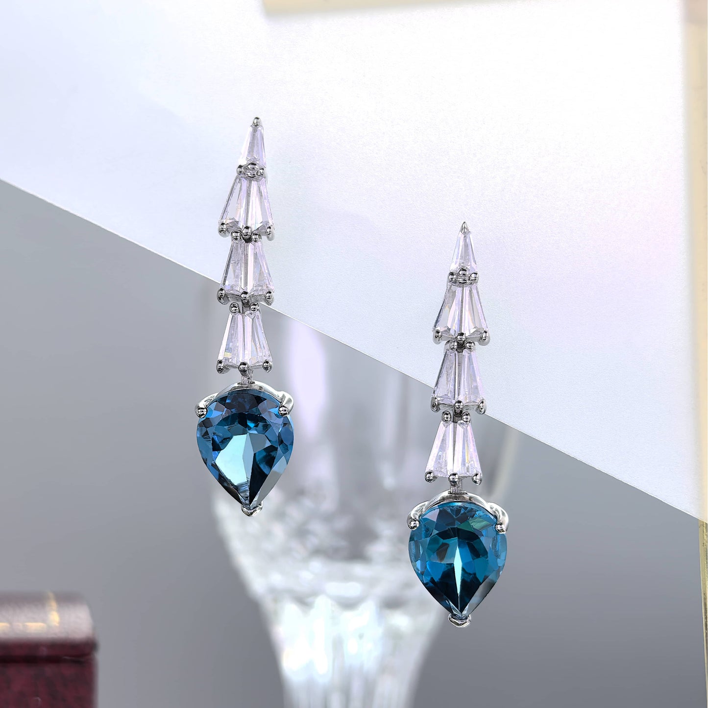 Dazzling Rhodium Plated S925 Silver Jewelry Natural London Blue Topaz Drop Earrings