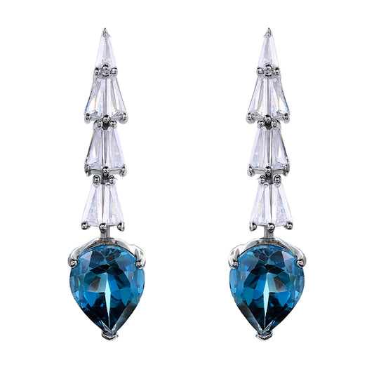 Dazzling Rhodium Plated S925 Silver Jewelry Natural London Blue Topaz Drop Earrings