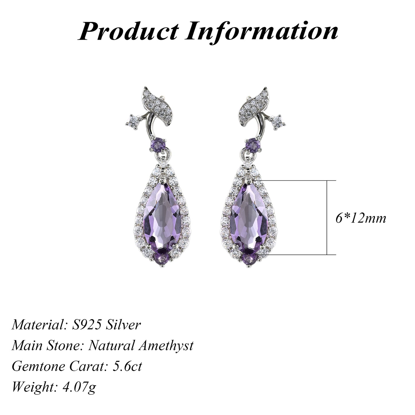Sparkling Rhodium Plated 925 Silver Jewelry Natural Amethyst Drop Earrings