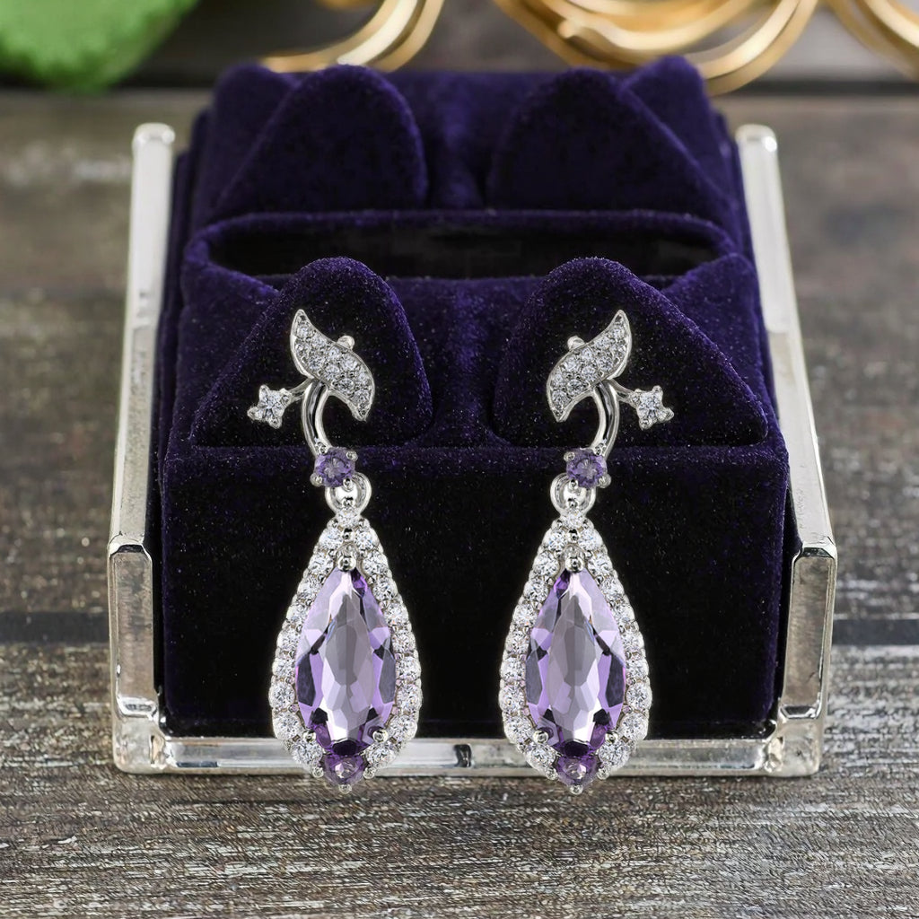 Sparkling Rhodium Plated 925 Silver Jewelry Natural Amethyst Drop Earrings