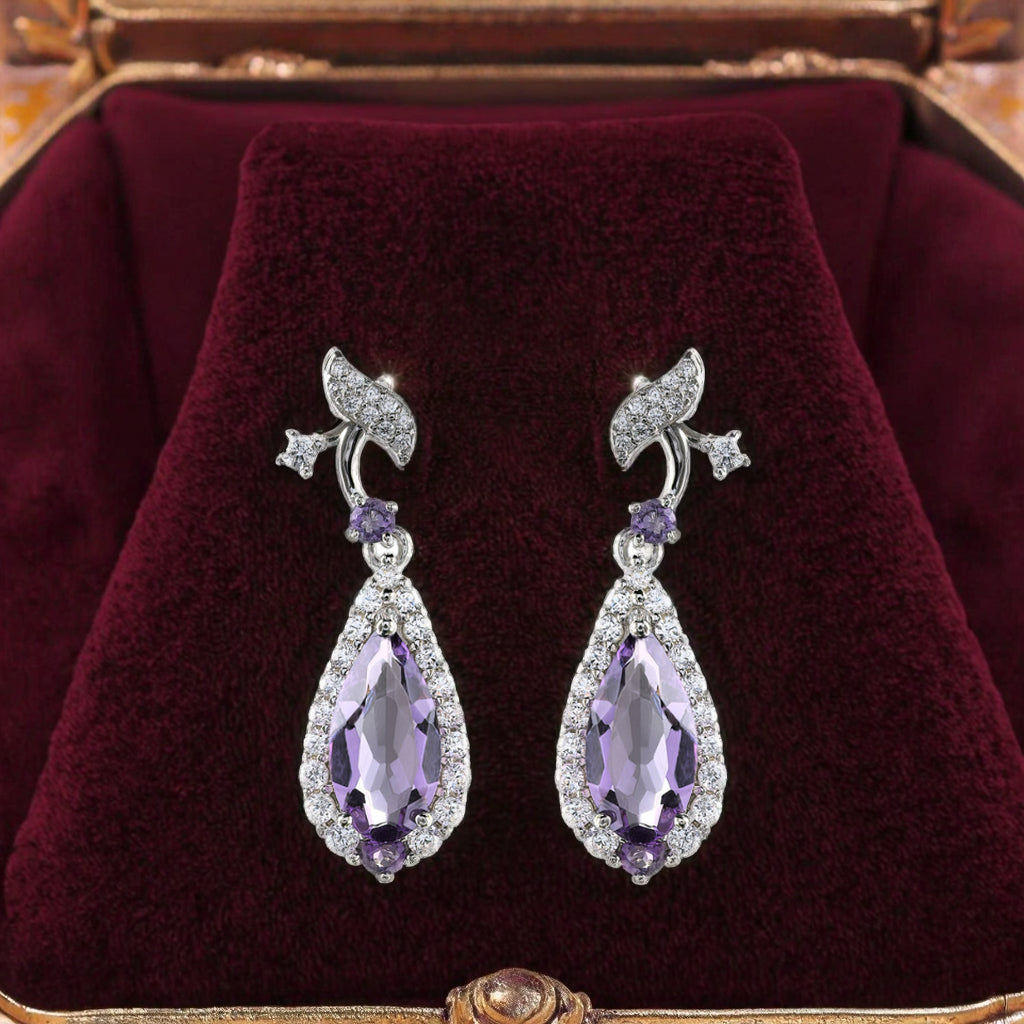 Sparkling Rhodium Plated 925 Silver Jewelry Natural Amethyst Drop Earrings