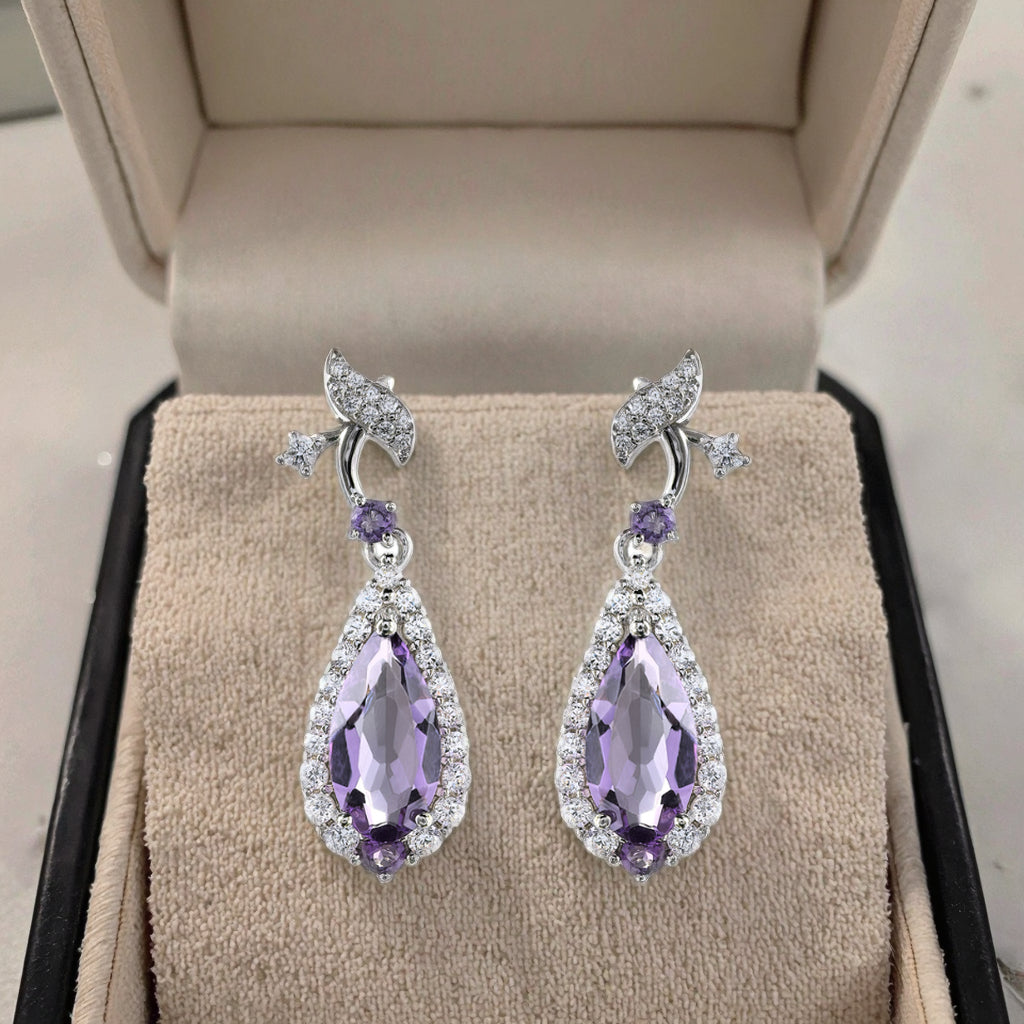 Sparkling Rhodium Plated 925 Silver Jewelry Natural Amethyst Drop Earrings