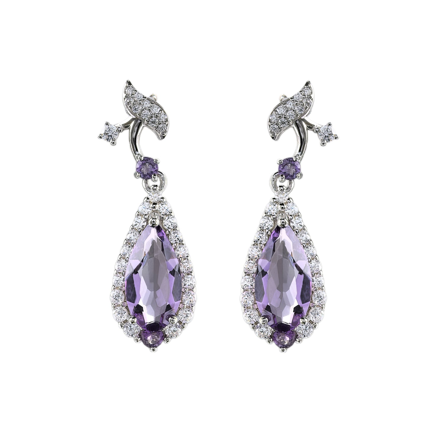 Sparkling Rhodium Plated 925 Silver Jewelry Natural Amethyst Drop Earrings