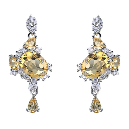Trendy Rhodium Plated S925 Silver Natural Citrine Drop Earrings for Birthday Gift