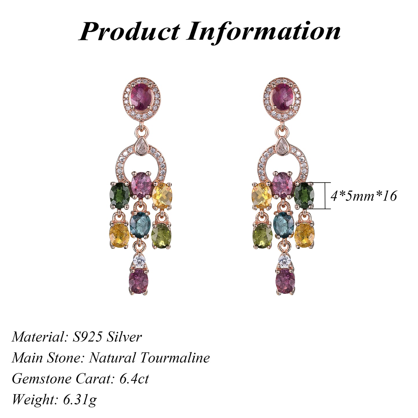 Elegant Rose Gold Plated S925 Silver Natural Tourmaline Dangle Earrings for Gift