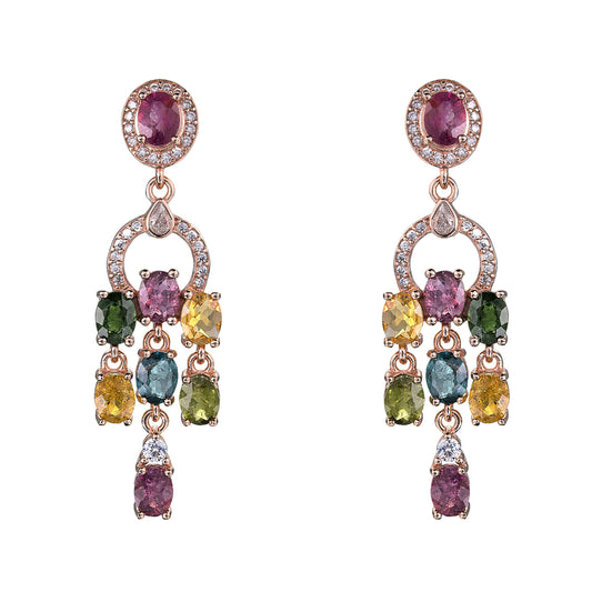 Elegant Rose Gold Plated S925 Silver Natural Tourmaline Dangle Earrings for Gift