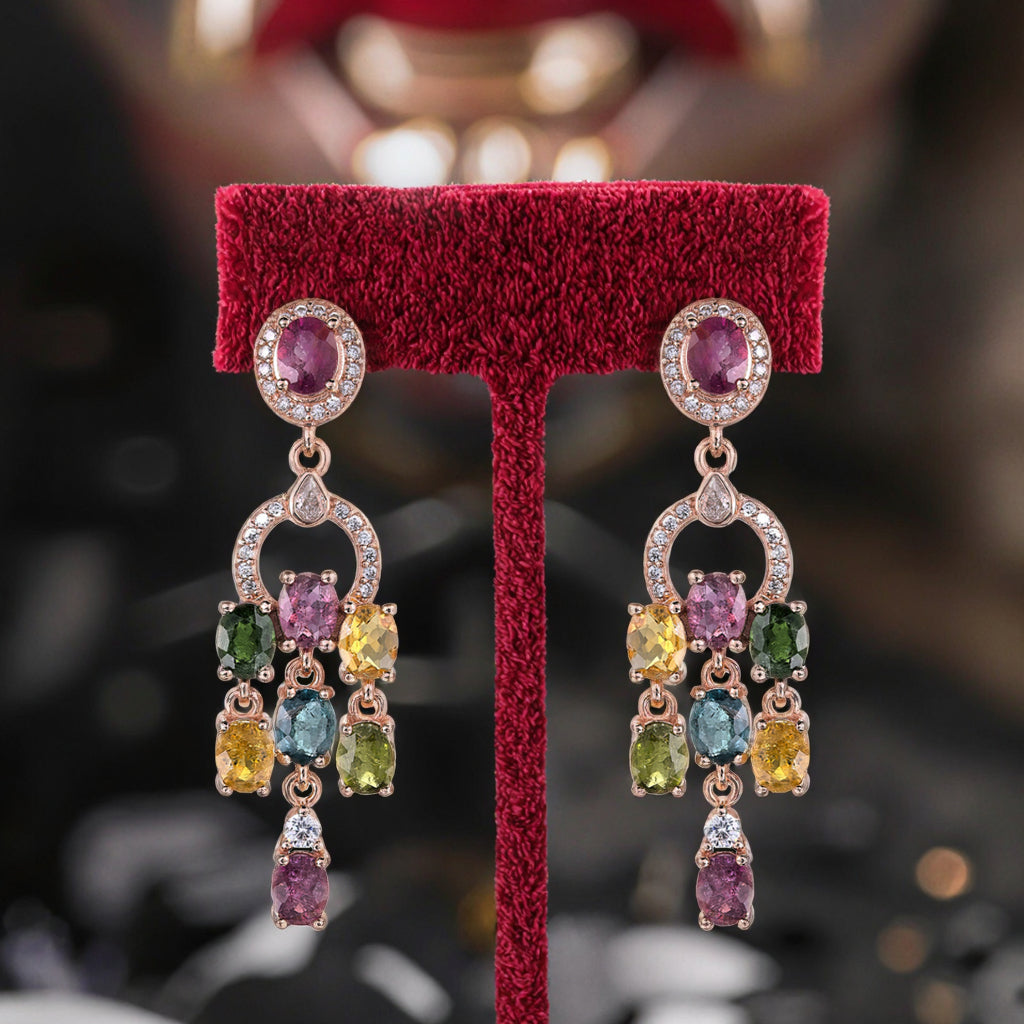 Elegant Rose Gold Plated S925 Silver Natural Tourmaline Dangle Earrings for Gift