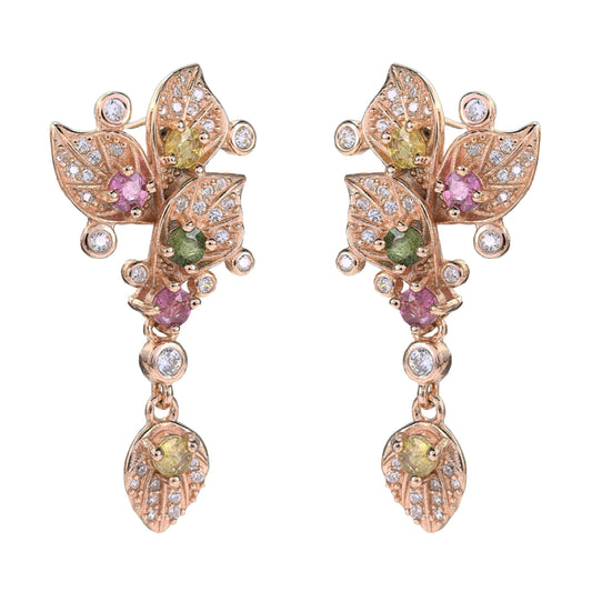 Graceful Rhodium Plated S925 Silver Natural Tourmaline Flower Drop Earrings for Gift