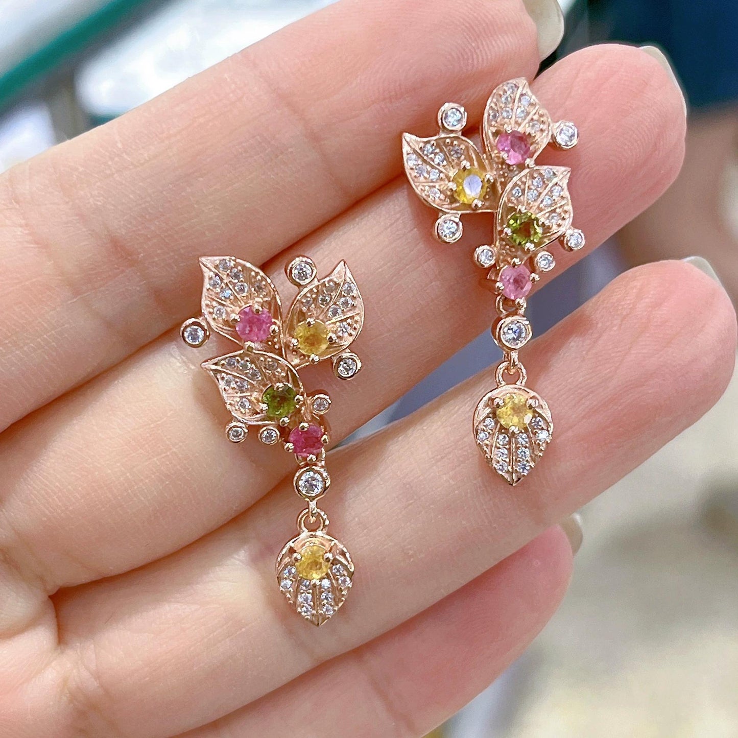 Graceful Rhodium Plated S925 Silver Natural Tourmaline Flower Drop Earrings for Gift