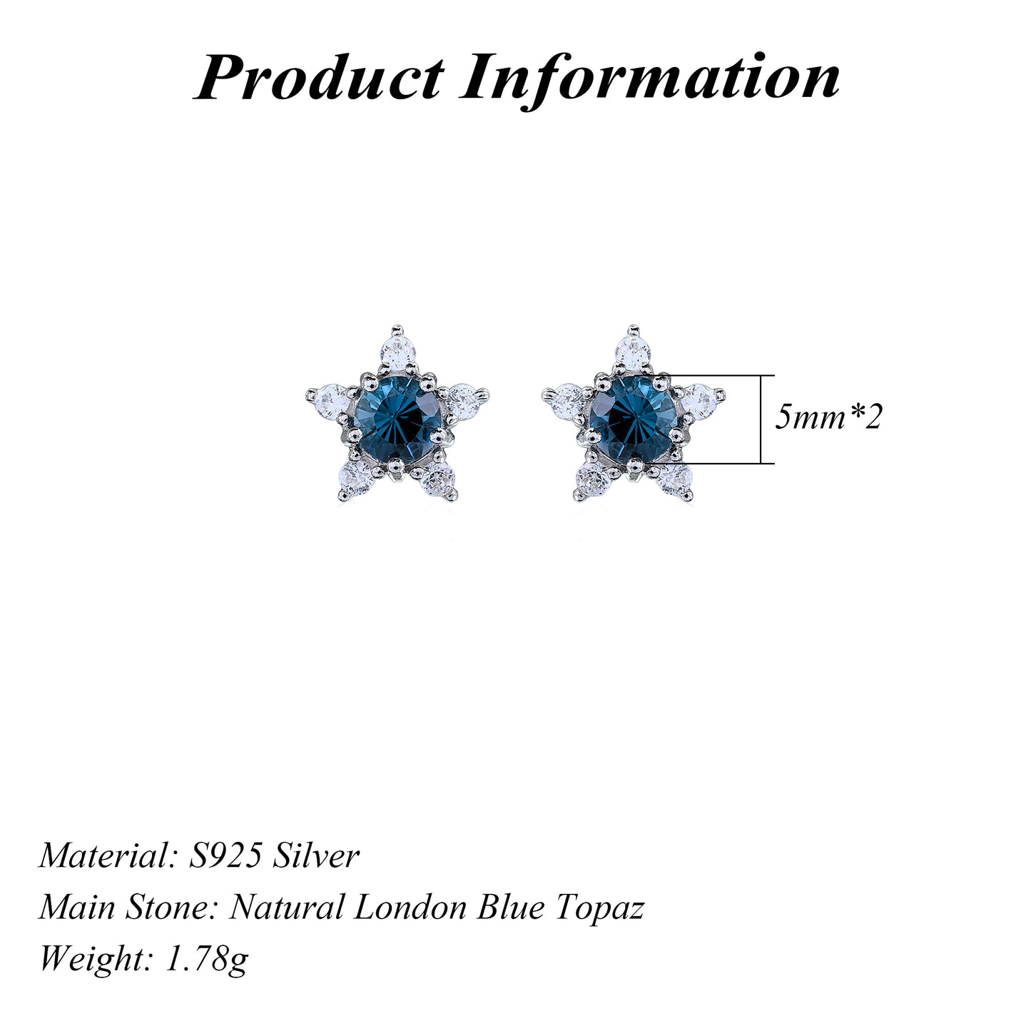 Women's Trendy Rhodium Plated Silver 925 Earrings with Natural London Blue Topaz Star Stud for Wedding or Birthday Gift