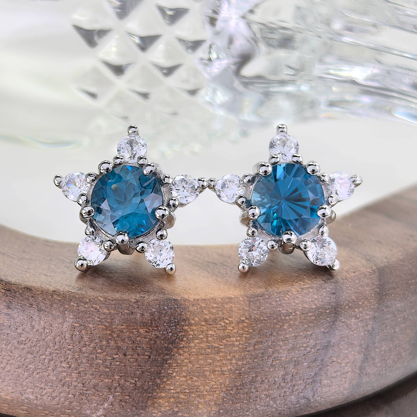 Women's Trendy Rhodium Plated Silver 925 Earrings with Natural London Blue Topaz Star Stud for Wedding or Birthday Gift