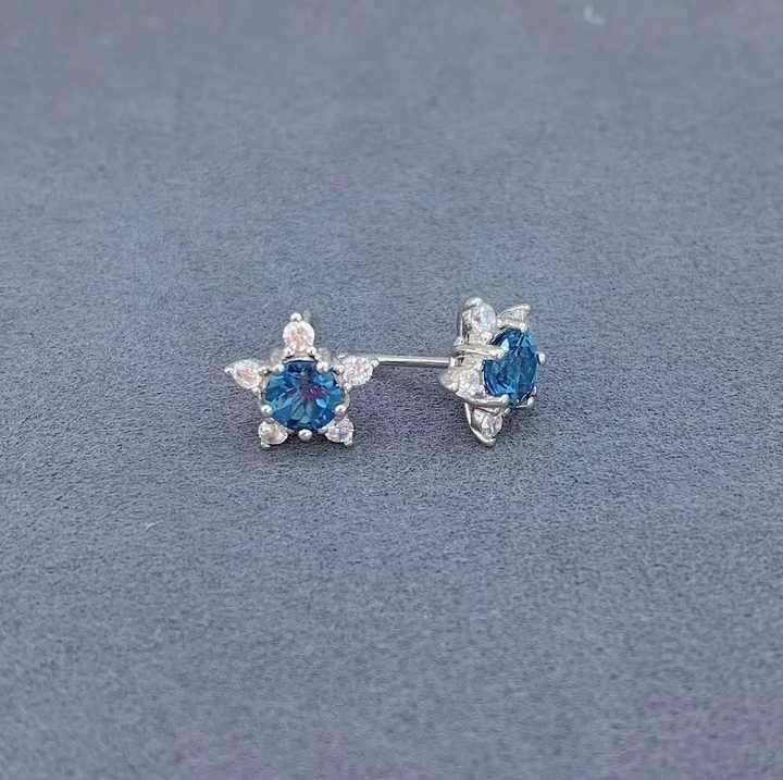 Women's Trendy Rhodium Plated Silver 925 Earrings with Natural London Blue Topaz Star Stud for Wedding or Birthday Gift