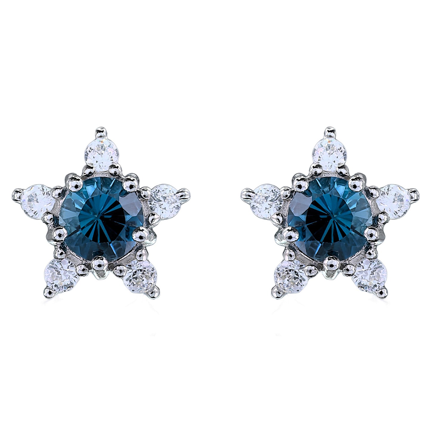 Women's Trendy Rhodium Plated Silver 925 Earrings with Natural London Blue Topaz Star Stud for Wedding or Birthday Gift