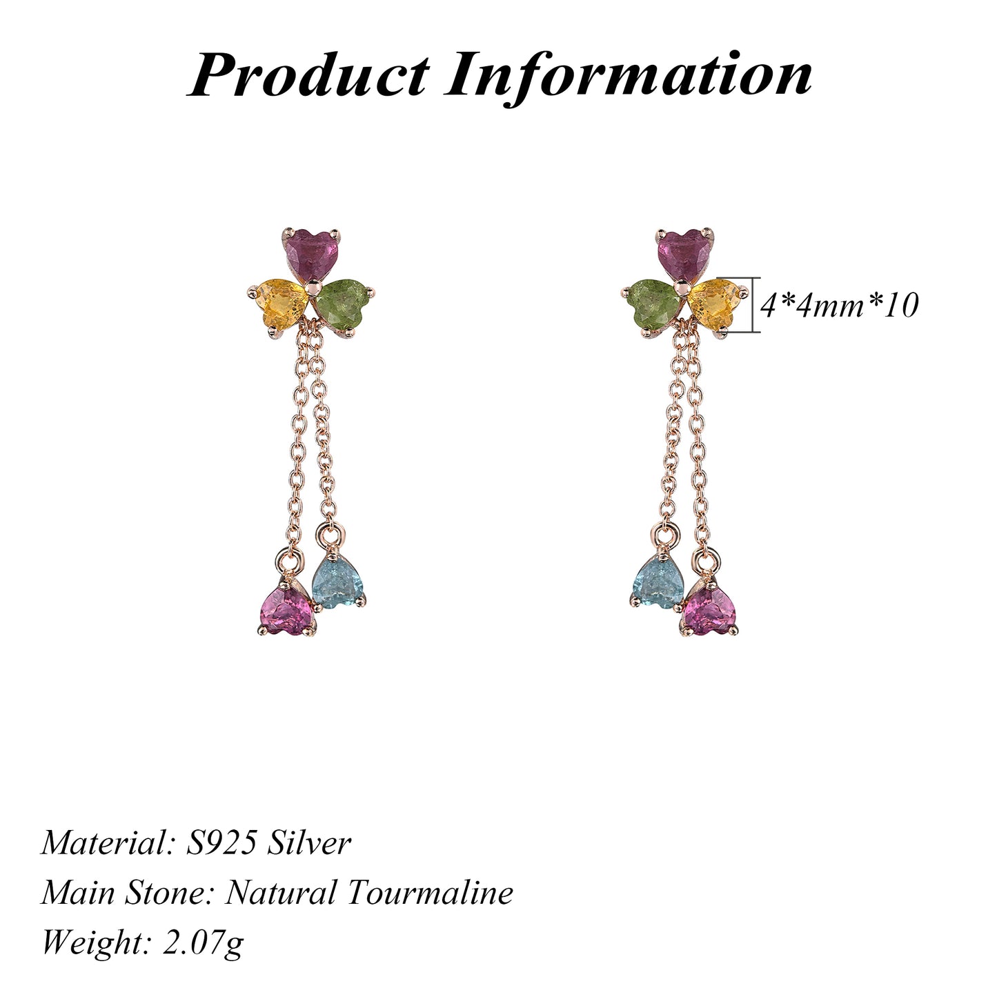 Elegant Rose Gold Plated S925 Silver Natural Tourmaline Clover Drop Earrings