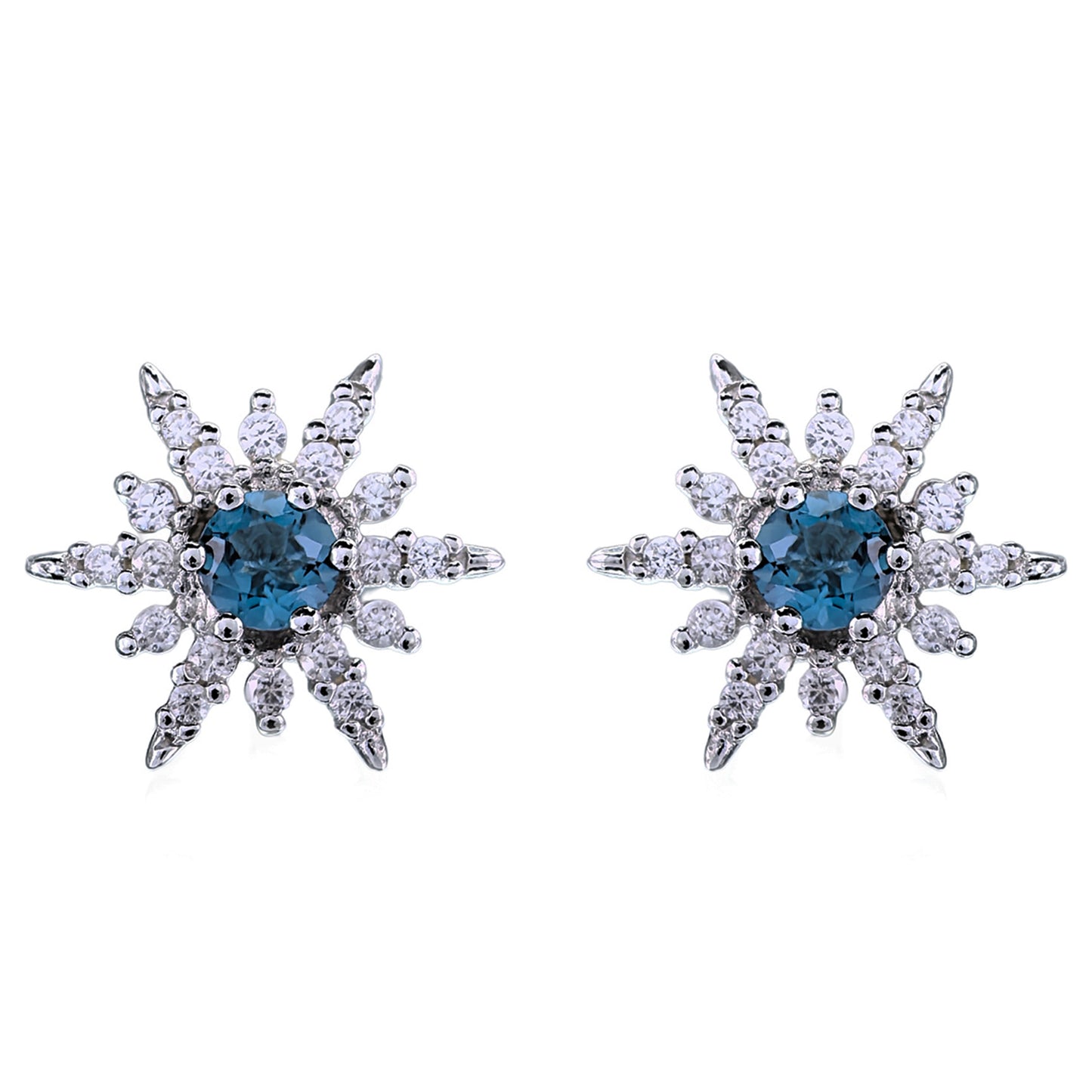 Sparkling Rhodium Plated Silver 925 Natural London Blue Topaz Snowflake Stud Earrings