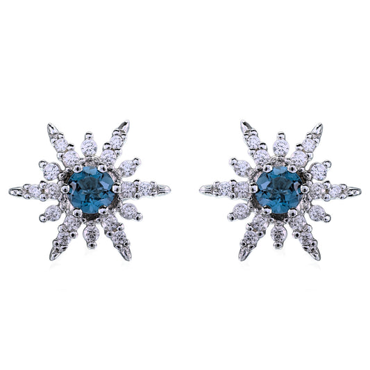 Sparkling Rhodium Plated Silver 925 Natural London Blue Topaz Snowflake Stud Earrings