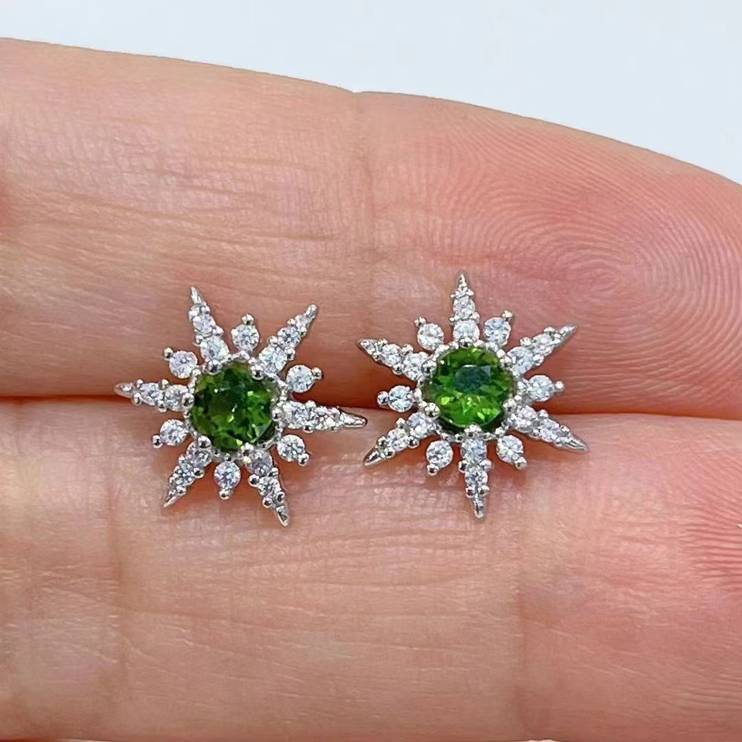 Elegant Green Natural Diopside Gemstone 925 Sterling Silver Stud Earrings