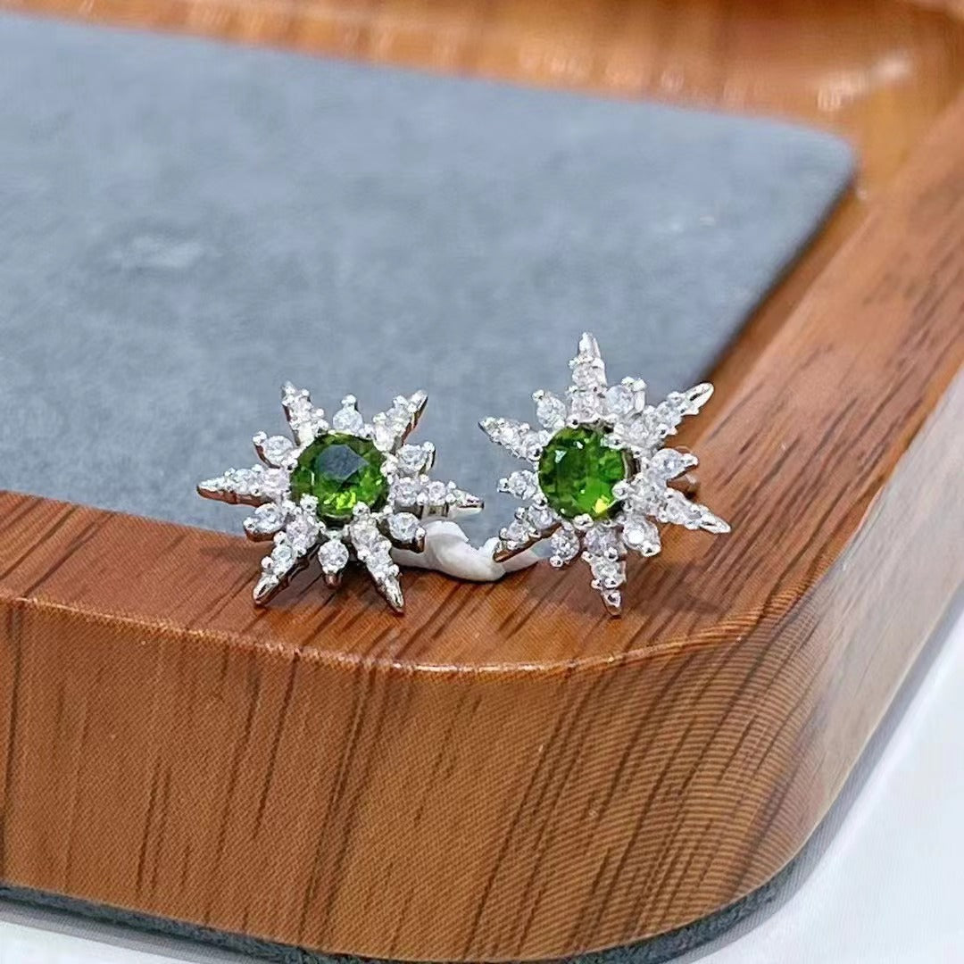 Elegant Green Natural Diopside Gemstone 925 Sterling Silver Stud Earrings