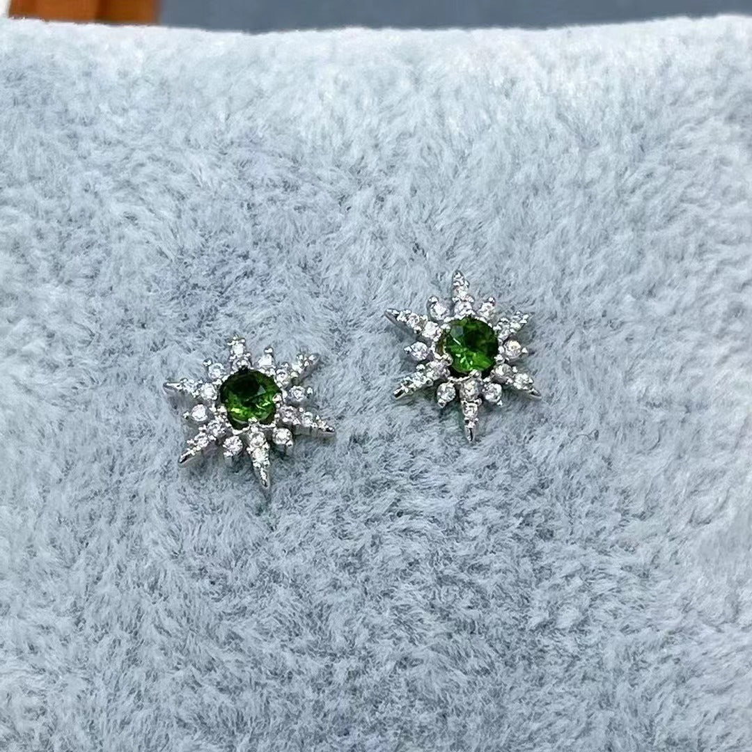Elegant Green Natural Diopside Gemstone 925 Sterling Silver Stud Earrings