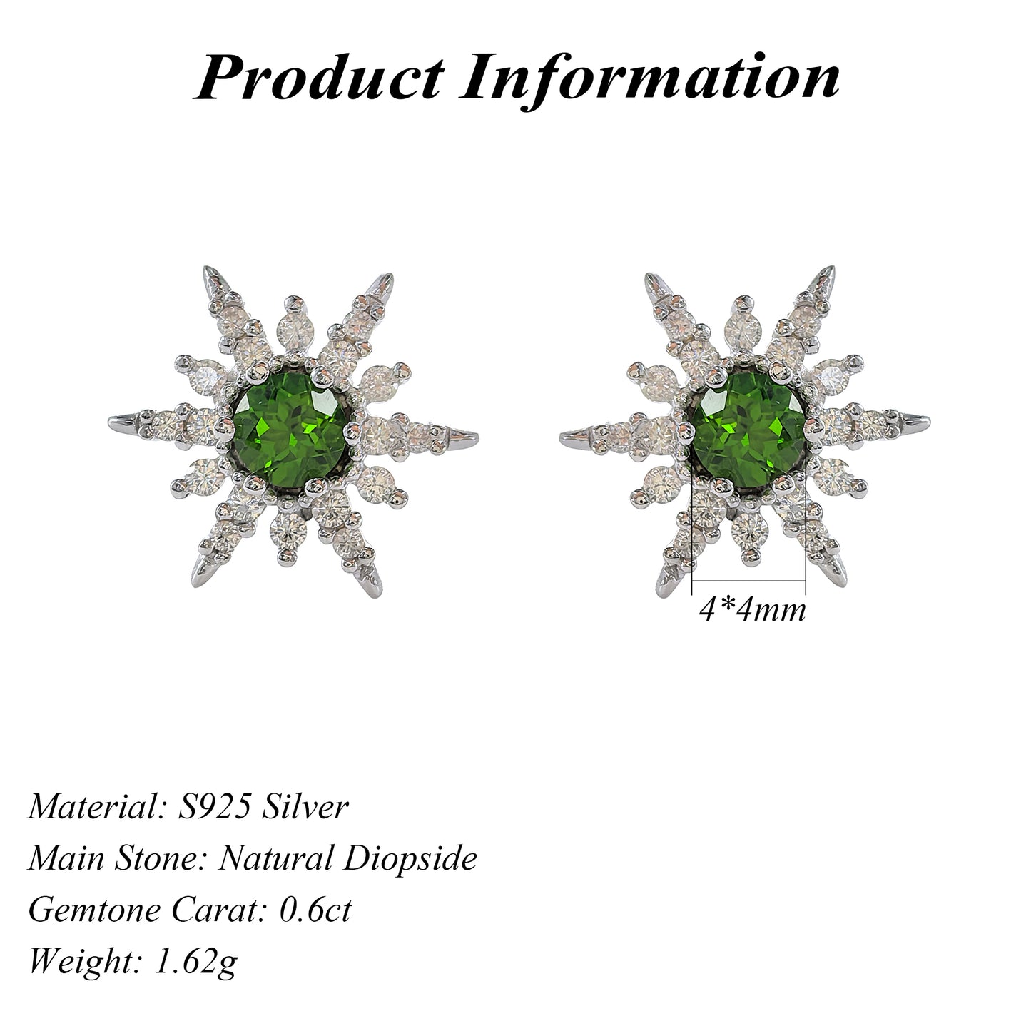 Elegant Green Natural Diopside Gemstone 925 Sterling Silver Stud Earrings