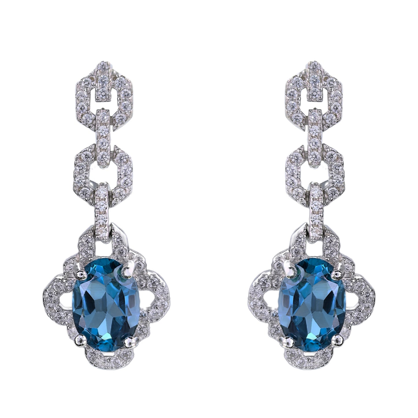 Elegant 925 Silver Rhodium Plated Geometric London Blue Topaz Drop Earrings
