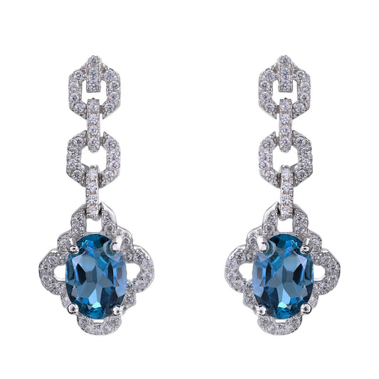Elegant 925 Silver Rhodium Plated Geometric London Blue Topaz Drop Earrings