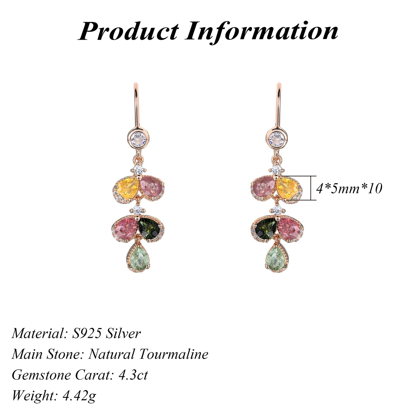 Exquisite Rose Gold Plated 925 Sterling Silver Natural Tourmaline Drop Earrings