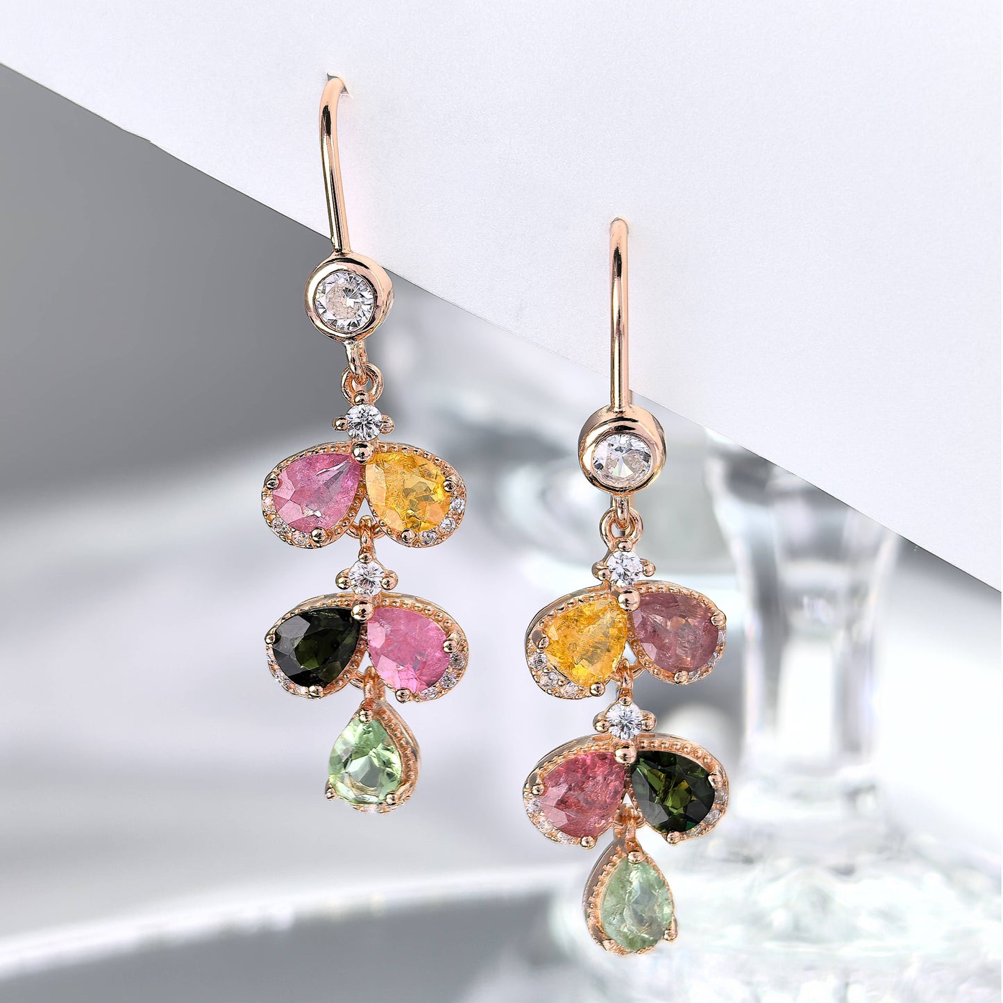 Exquisite Rose Gold Plated 925 Sterling Silver Natural Tourmaline Drop Earrings
