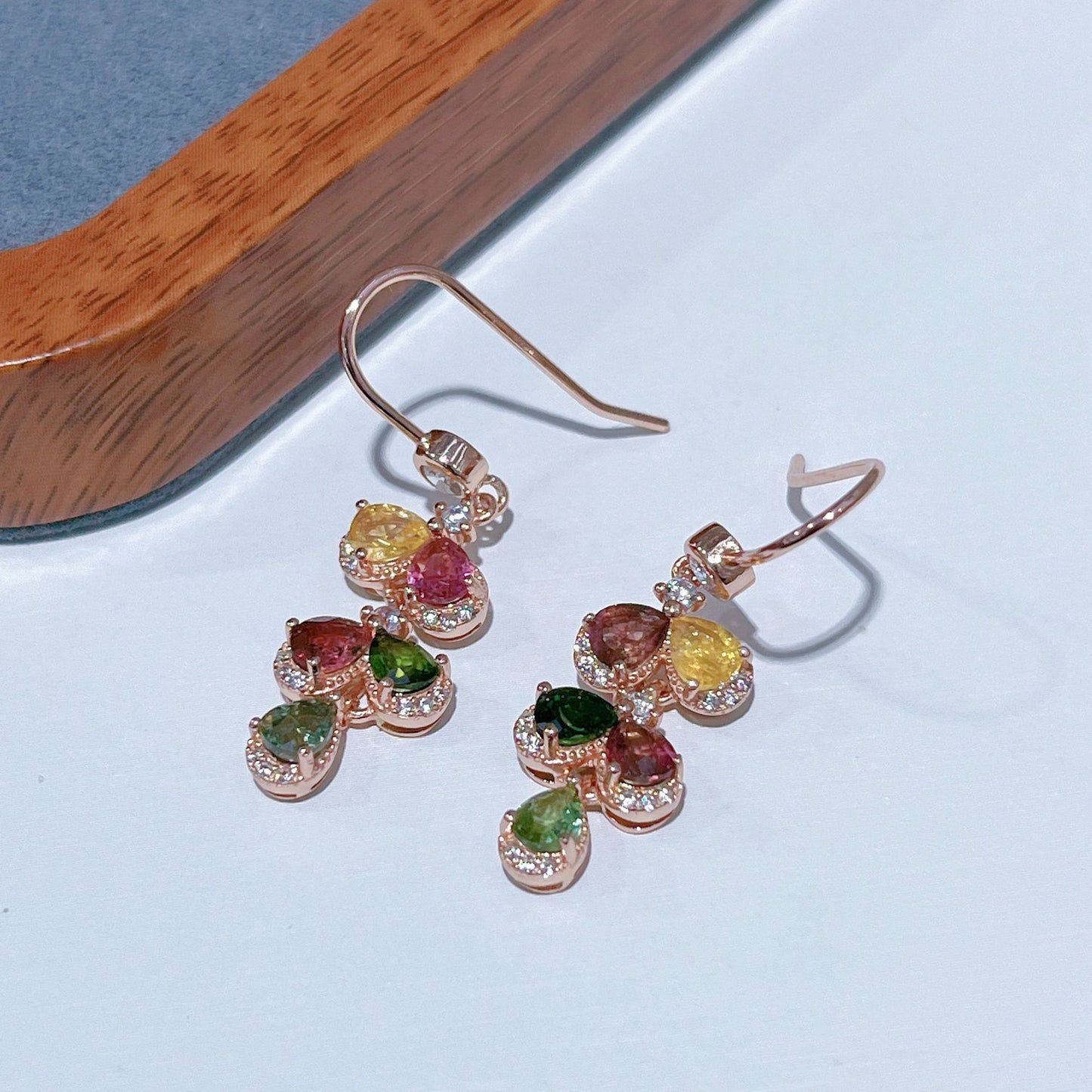 Exquisite Rose Gold Plated 925 Sterling Silver Natural Tourmaline Drop Earrings