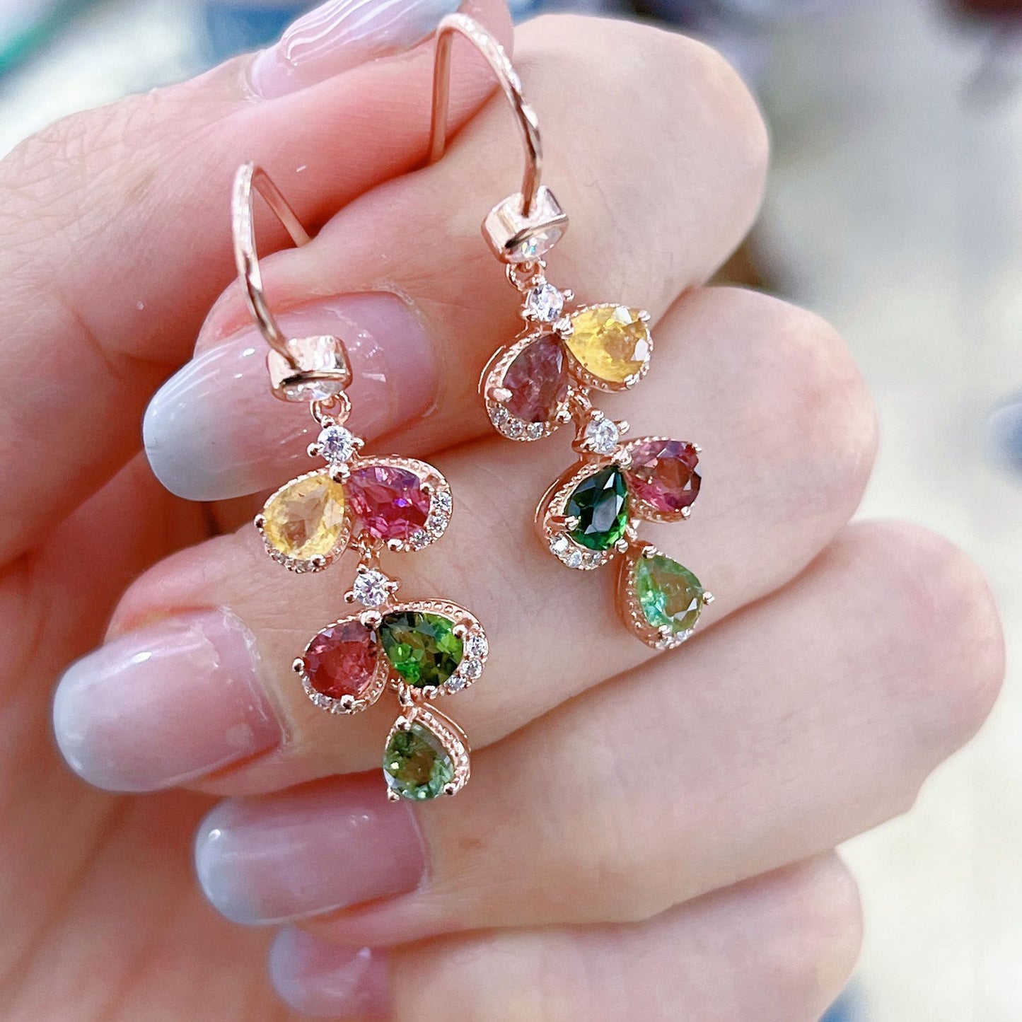 Exquisite Rose Gold Plated 925 Sterling Silver Natural Tourmaline Drop Earrings