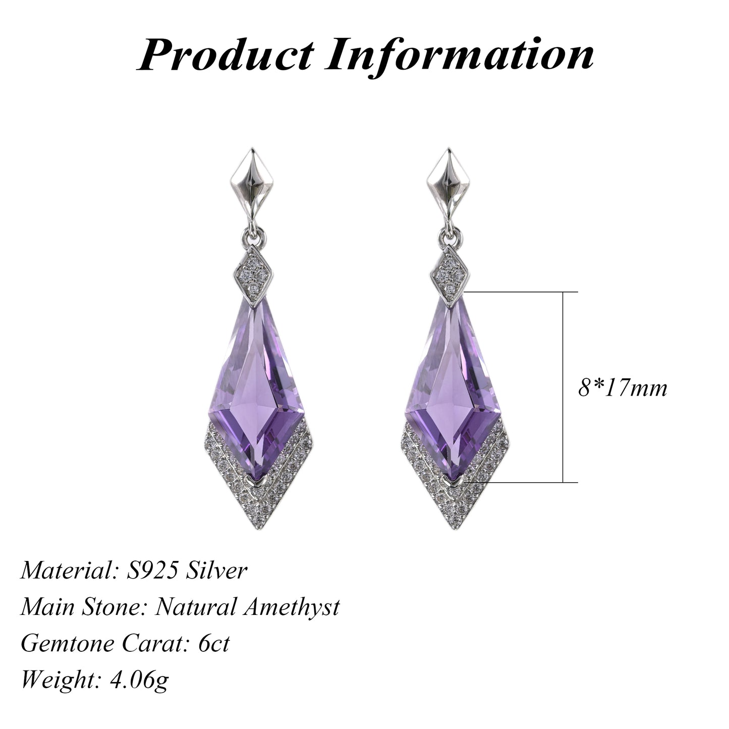 Brilliant Rhodium Plated Silver 925 Earrings with Natural Amethyst