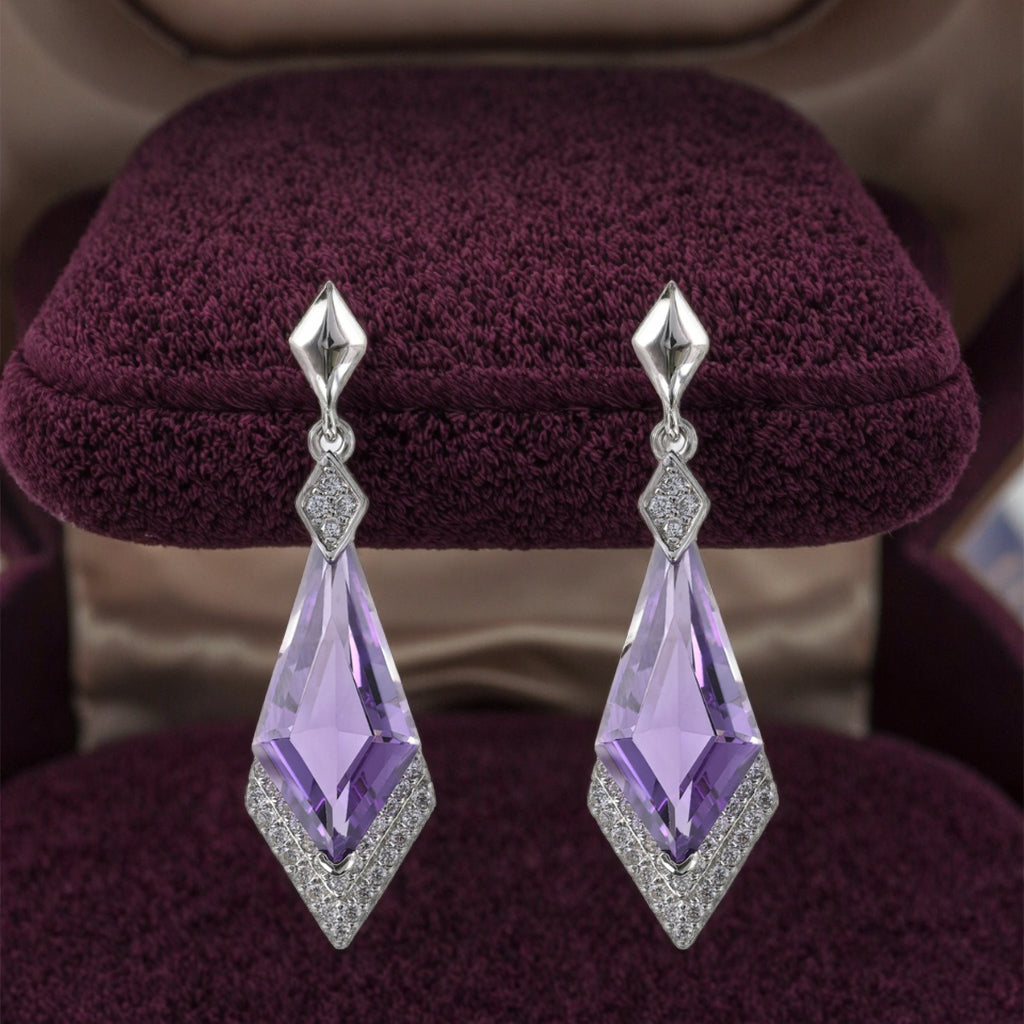 Brilliant Rhodium Plated Silver 925 Earrings with Natural Amethyst