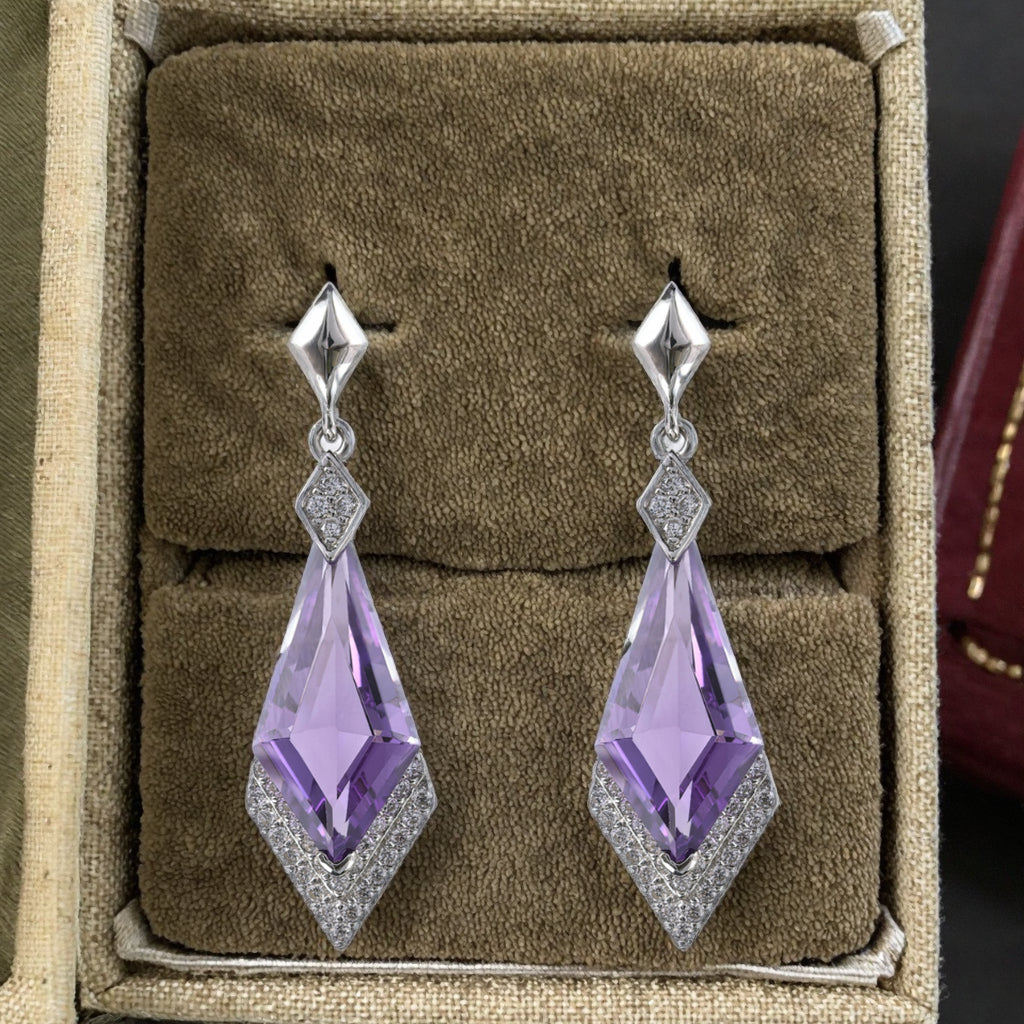 Brilliant Rhodium Plated Silver 925 Earrings with Natural Amethyst