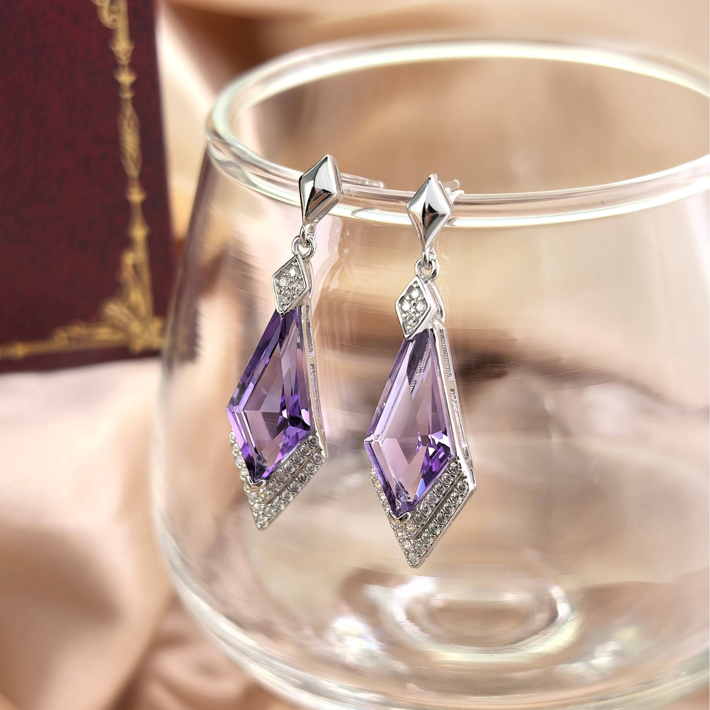 Brilliant Rhodium Plated Silver 925 Earrings with Natural Amethyst