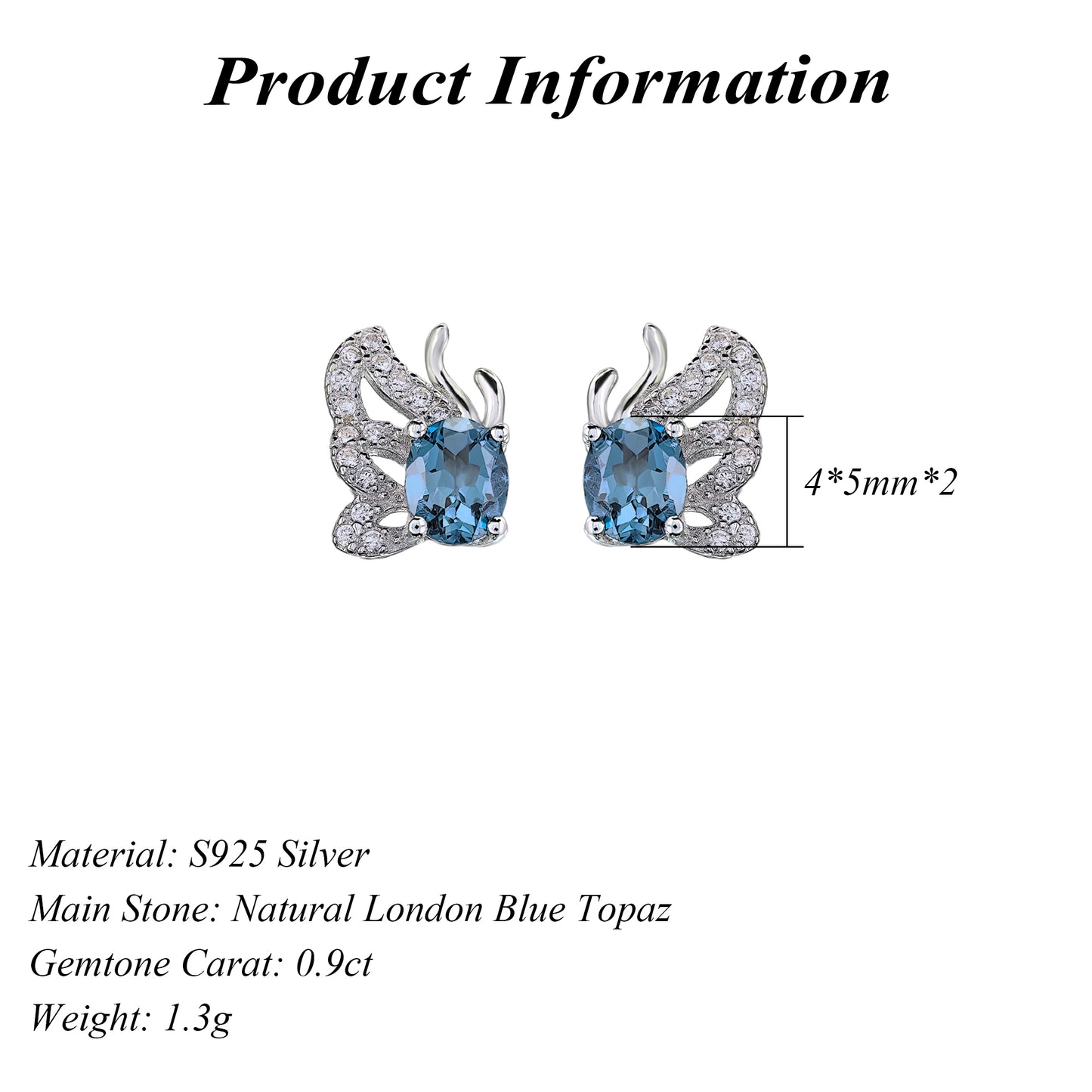 Graceful Rhodium Plated 925 Silver Natural London Blue Topaz Butterfly Stud Earrings