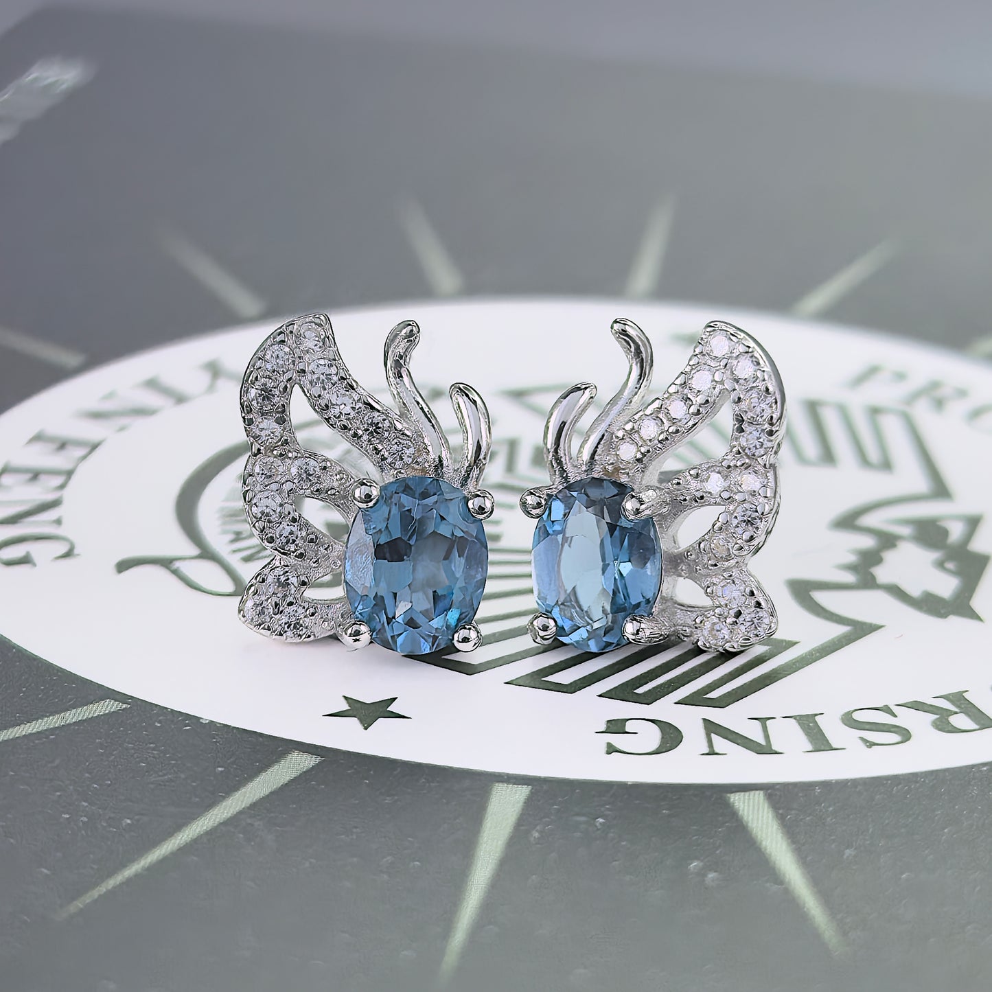Graceful Rhodium Plated 925 Silver Natural London Blue Topaz Butterfly Stud Earrings